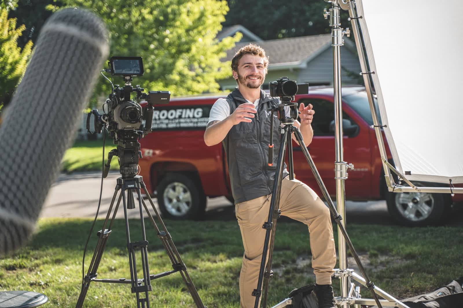 Filming a roofing crew