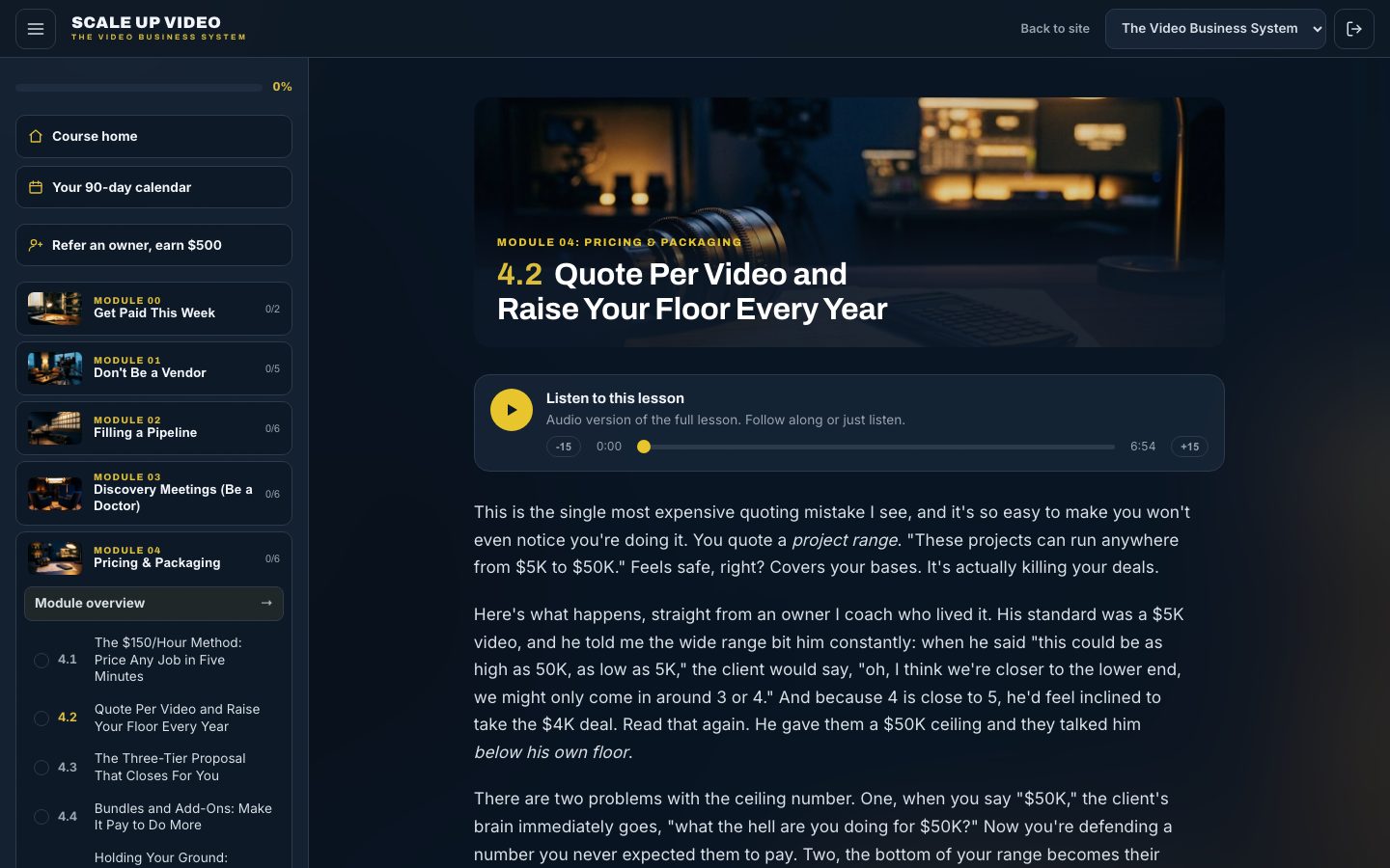 A lesson page with the audio player and a pricing lesson